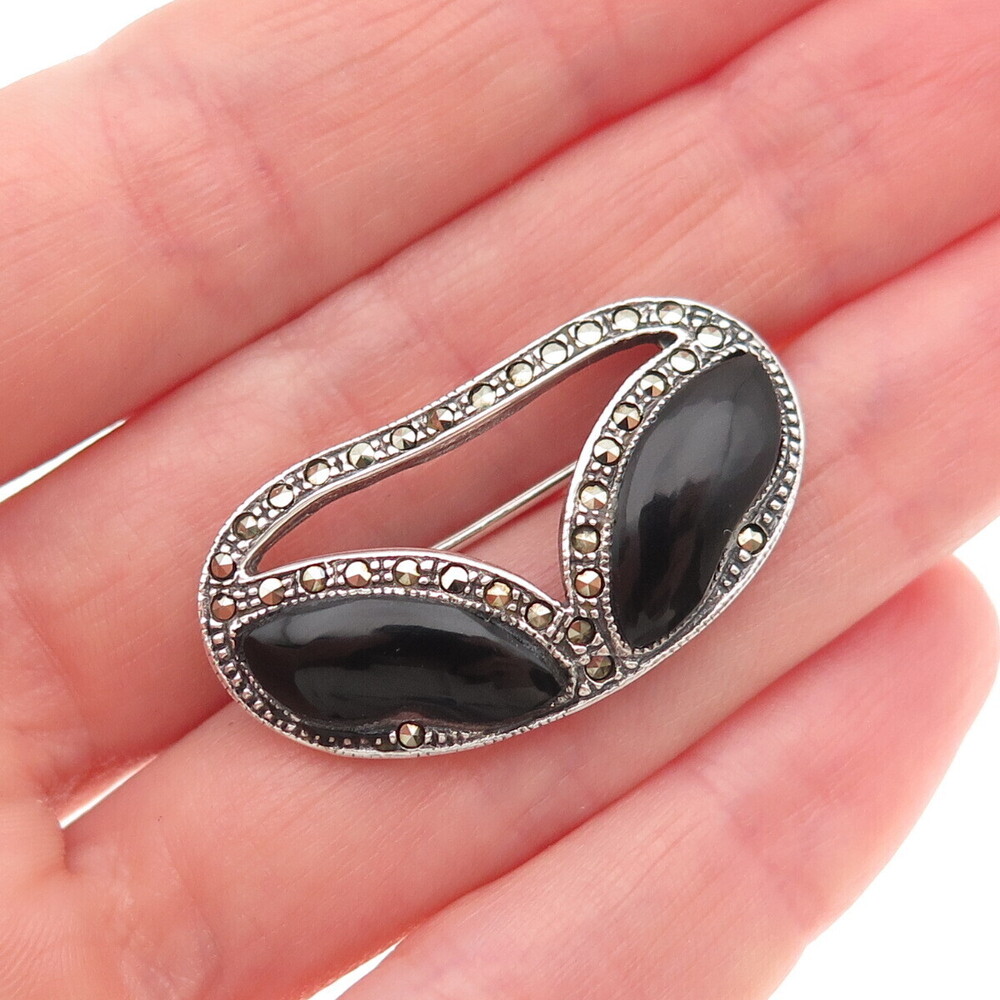925 Sterling Silver Vintage Real Black Onyx & Marcasite Oxidized Pin Brooch